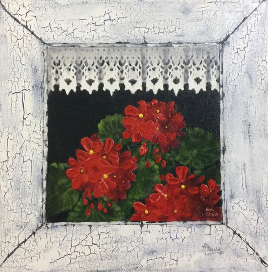 Geraniums in Grandma’s Window (12 X 12)