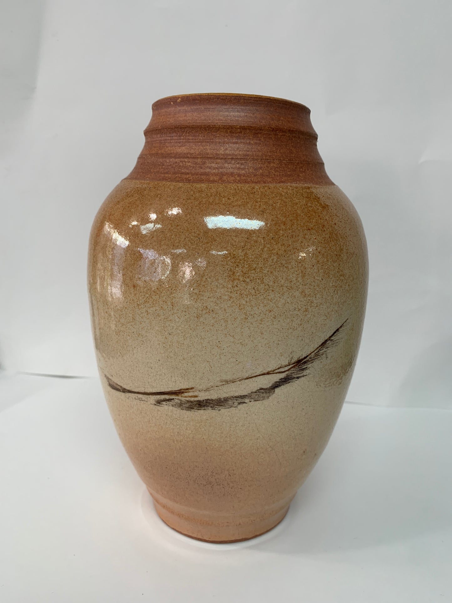 Raku fired Vase with Feathers