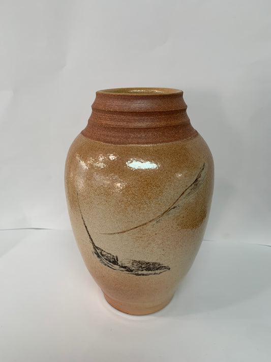 Raku fired Vase with Feathers